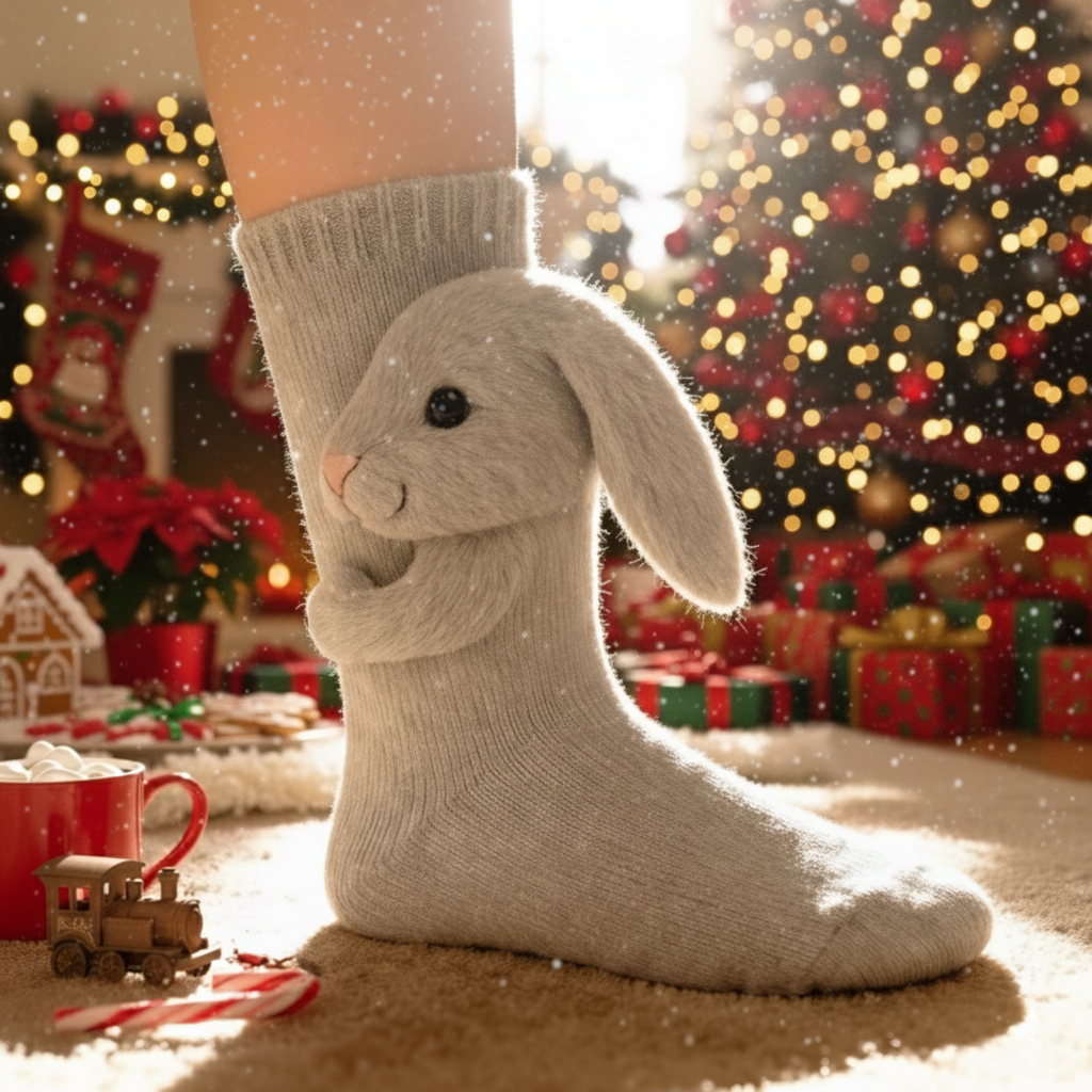 Cute 3D Knit Animal Socks — Unisex Bunny, Handmade