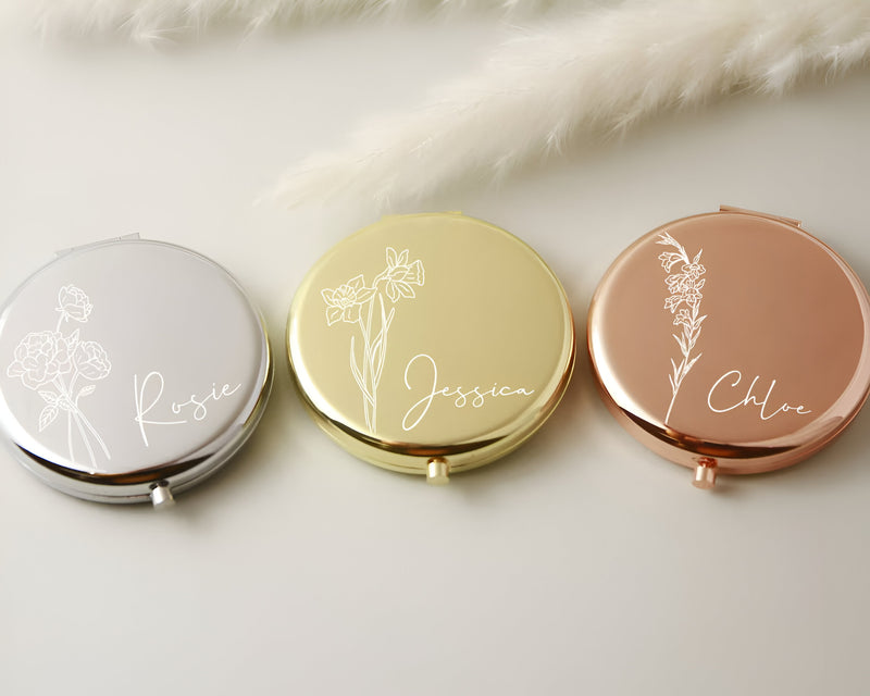Personalized Birth Flower Compact Mirror – Bridesmaid Proposal, Wedding Favor & Birthday Gift for Women