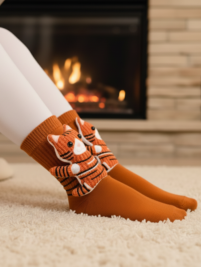 Cute 3D Knit Animal Socks — Unisex Tiger Cat, Handmade