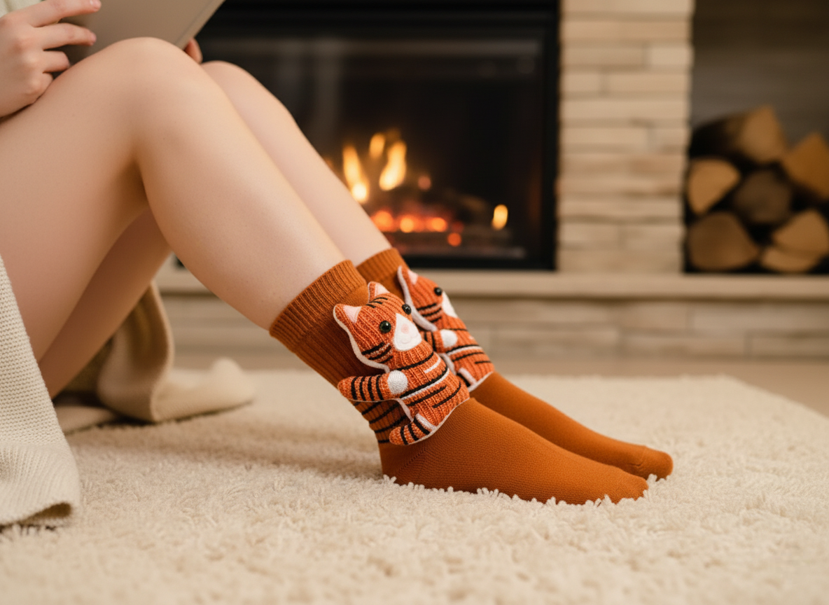 Cute 3D Knit Animal Socks — Unisex Tiger Cat, Handmade