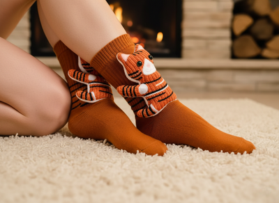 Cute 3D Knit Animal Socks — Unisex Tiger Cat, Handmade