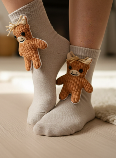 Cute 3D Knit Animal Socks — Unisex Cattle Cow, Handmade