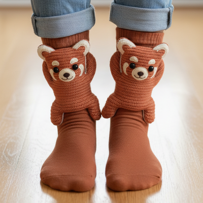 Cute 3D Knit Animal Socks — Unisex Raccoon Fox, Handmade