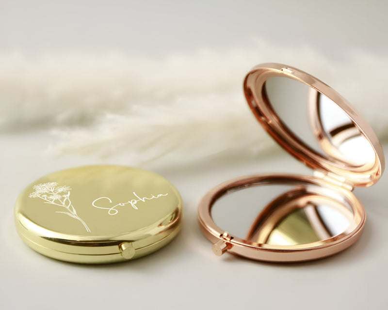 Personalized Birth Flower Compact Mirror – Bridesmaid Proposal, Wedding Favor & Birthday Gift for Women