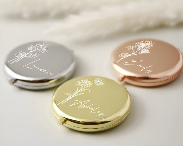 Personalized Birth Flower Compact Mirror – Bridesmaid Proposal, Wedding Favor & Birthday Gift for Women