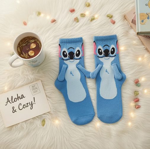 Blue Stitch plush socks folded neatly with Giorina brand tag