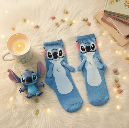 Close-up of magnetic plush Stitch hands joining together