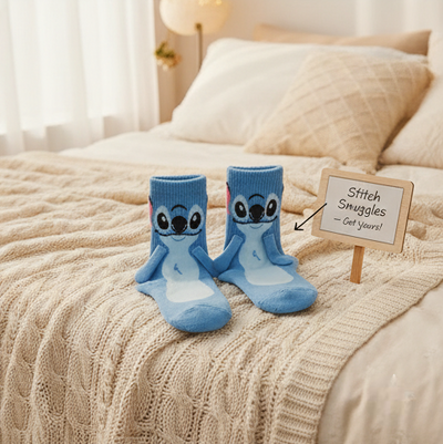 Close-up of Stitch-inspired 3D plush socks with magnetic hands