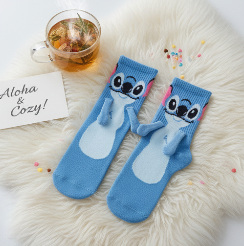 Stitch-themed cozy socks shown close up shot