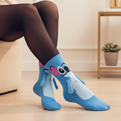 Front view of cute cartoon Stitch socks with plush detailing